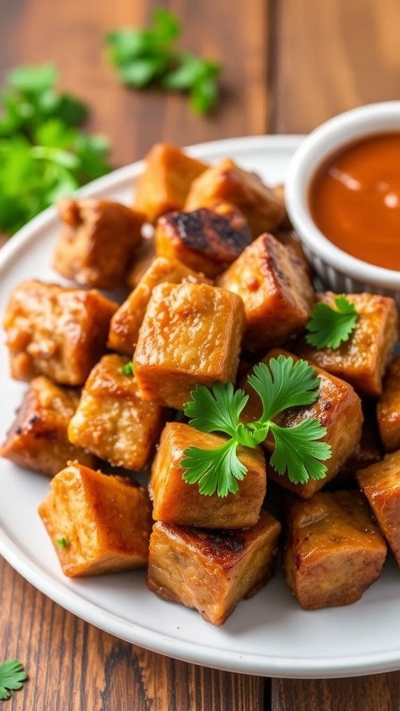 Golden brown air fryer steak bites garnished with parsley on a rustic wooden table.